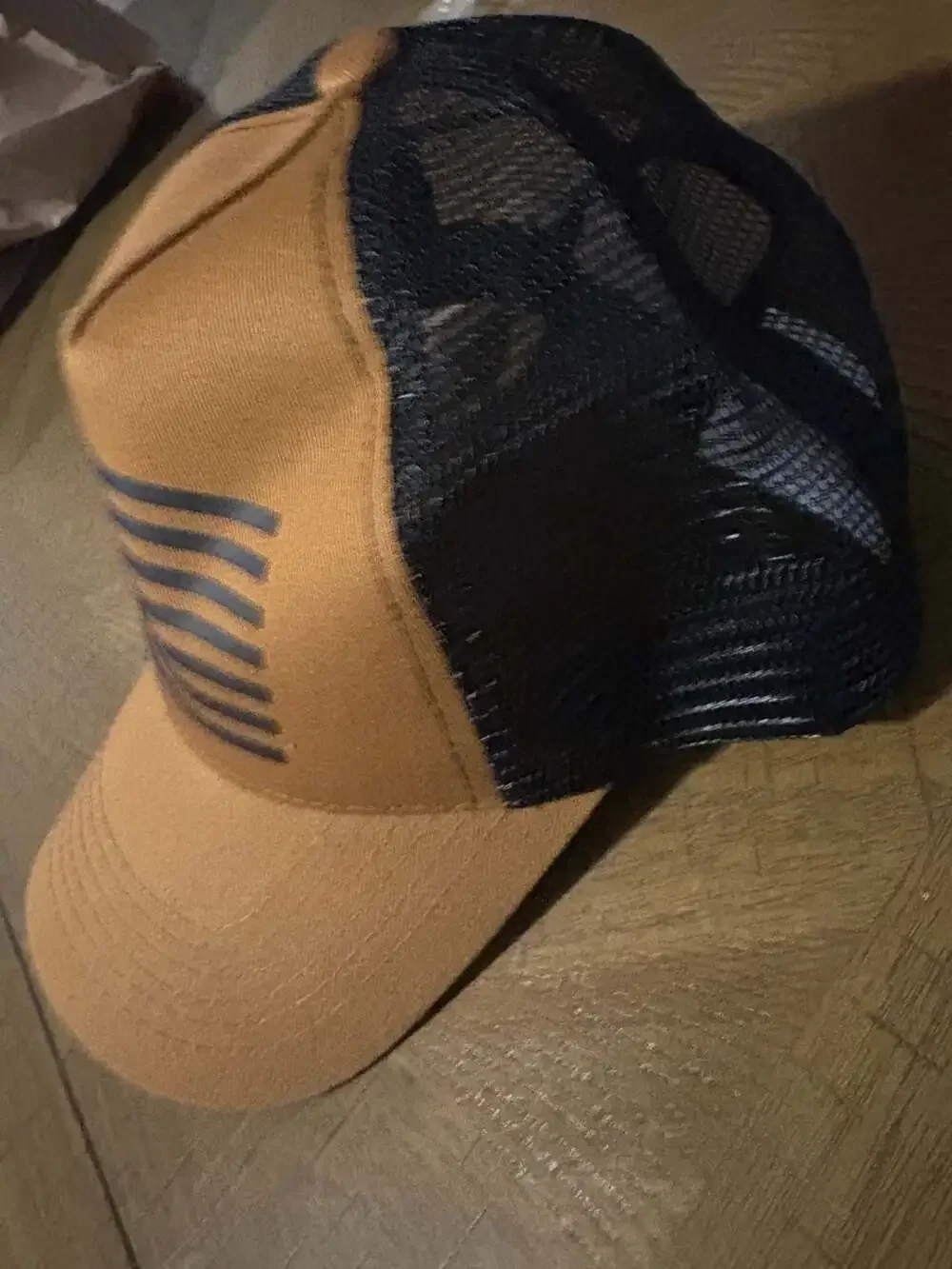 Tan and Black Mesh Trucker Hat with American Flag Print